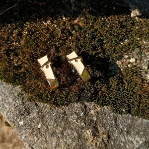 Vintage cream enamel and gold tone belt shaped pierced earrings, Preppy Core